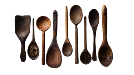 Rustic Wooden Cooking Utensils, isolated on transparent background