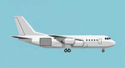 Obraz premium Side view of a white cargo airplane with landing gear extended, against a light blue background.