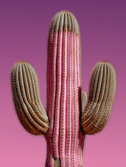 Colorful cactus with pink hues against a gradient purple background. Contemporary desert plant concept with a surreal aesthetic.