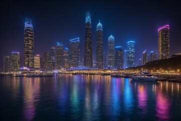 Fototapeta premium Moderne Skyline bei Nacht mit bunten Lichtern und reflektierendem Wasser