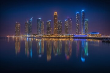 Fototapeta premium Moderne Skyline bei Nacht mit bunten Lichtern und reflektierendem Wasser