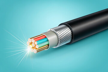 optical fiber cable with shiny gold conductor on cyan background
