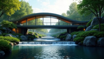 A modern bridge spans a tranquil waterway lined with lush greenery and serene waterfalls, creating a peaceful and elegant architectural scene.