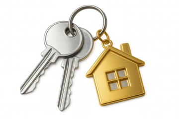 Two silver metal keys on a keyring featuring a golden house keychain isolated on a transparent background, representing real estate, property ownership, and new home concepts