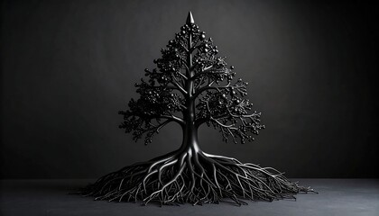 Black tree sculpture on dark background