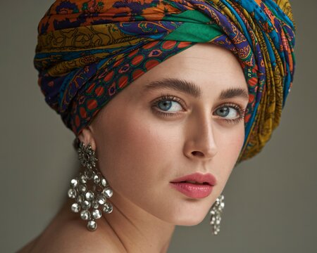 A beautiful woman with striking blue eyes and subtle makeup gazes directly at the viewer, wearing a vibrant, intricately patterned turban in shades of blue, green, orange, and red.