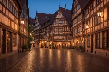 Mittelalterliche Fachwerkstra&szlig;e bei D&auml;mmerung mit historischen Geb&auml;uden und Laternen