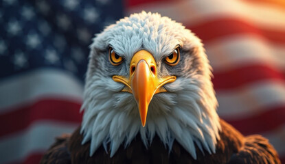 Majestic bald eagle with intense gaze in front of american flag
