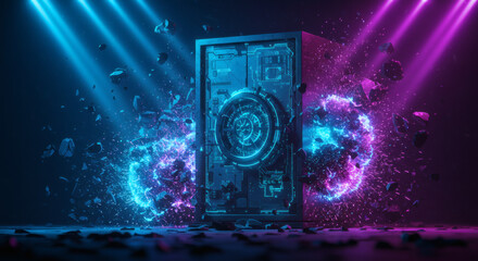 Digital data destruction and cybersecurity concept with glowing particles and debris exploding from a central object