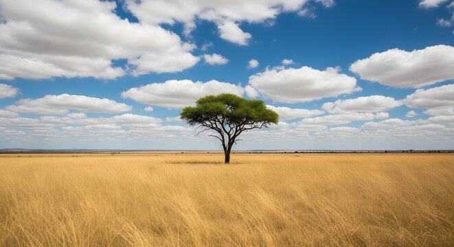Vast savanna with a lone acacia tree under the blue sky, symbol of African wilderness.