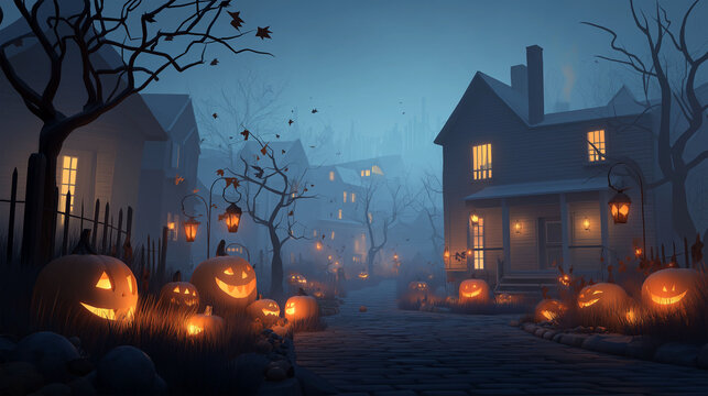 Enchanting Halloween Street Scene: A mesmerizing digital illustration showcases a quaint neighborhood enveloped in an eerie, yet captivating atmosphere during Halloween.