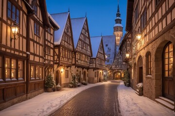 Fototapeta premium Schneeüberzogene Fachwerkstraße mit Lichtern und historischem Turm bei Dämmerung