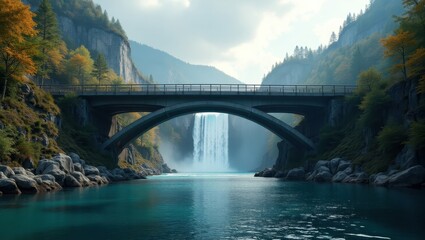 Fototapeta premium A tranquil mountain river scene with a majestic arch bridge and a cascading waterfall.