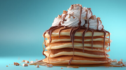 National Pancake Day, close-up of pancakes with whipped cream and chocolate drizzle