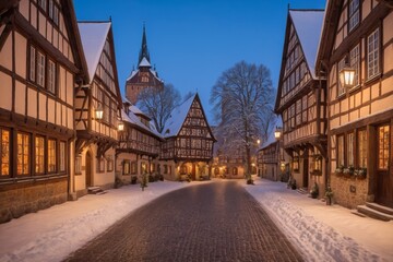 Naklejka premium Schneeüberzogene Fachwerkstraße mit Lichtern und historischem Turm bei Dämmerung