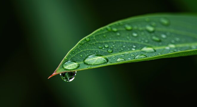 Close-up of a vibrant green leaf adorned with sparkling water droplets, one poised to drop from the tip, symbolizing nature's refreshing cycle and pristine beauty