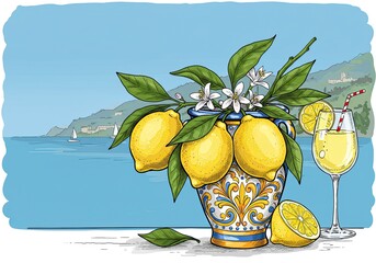 Vibrant lemons with flowers and a refreshing drink evoke the Italian coast, perfect for summer branding, travel, and food concepts, ideal for idyllic scenes