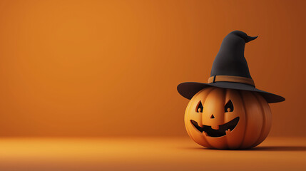 Enchanting Halloween Pumpkin: A smiling pumpkin, carved with a cheerful face and adorned with a witch hat, radiates the festive spirit against a warm, inviting backdrop.