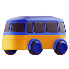 3D Render Bright blue and yellow toy bus with rounded shapes, suitable for children's products, education visuals, and web design mockups.