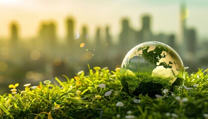 A glass globe rests on vibrant green grass with a blurred cityscape backdrop, symbolizing nature and urban harmony.