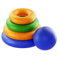 3D Render Colorful rubber stacking rings with a blue ball; ideal for children's toys, education, product catalogs, and playful design campaigns.