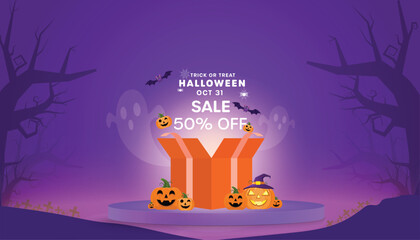 Halloween Flash Sale banner with 50% off discount. Spooky marketing promotion template for retail advertising, social media posts, and holiday offers with pumpkins and a haunted house.