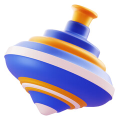 3D Render Vivid 3D spinning top with blue, orange, white stripes; dynamic promo asset for toys, games, or kid-friendly campaigns.