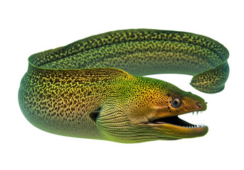 Fototapeta premium A captivating, detailed view of a vibrant, spotted eel, showcasing its intricate patterns and colors against a stark black backdrop.