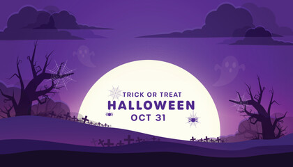 Halloween party invitation banner with a spooky landscape background. Vector graphic featuring a haunted house, graveyard, pumpkins, and bats for the October 31st celebration.