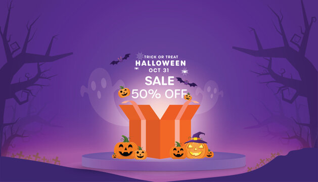 Halloween Flash Sale banner with 50% off discount. Spooky marketing promotion template for retail advertising, social media posts, and holiday offers with pumpkins and a haunted house.