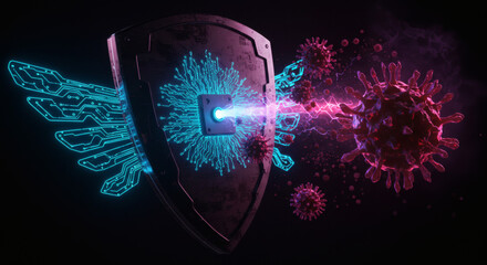 Digital shield with glowing circuit wings defends against microscopic virus threat in abstract cybernetic battle