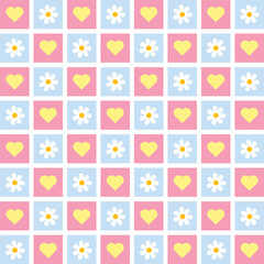 seamless checkered retro flowers and hearts in pink, blue and white seamless pattern on a light background For home decor, wallpaper, textile and fabric.