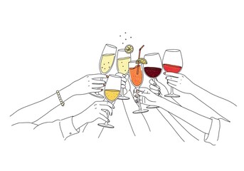 Cheers to celebration with diverse cocktails and wine in elegant glasses raising in a toast, perfect for joyful events and gatherings