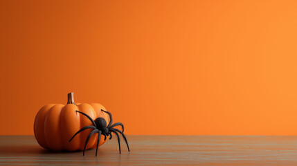 Halloween Pumpkin and Spider:  A small, ornamental pumpkin sits beside a large, realistic spider against a vibrant orange backdrop, capturing the spooky essence of Halloween.