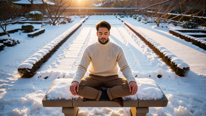 A man meditating on a bench in a snowy garden with a sunrise in the background during the winter season