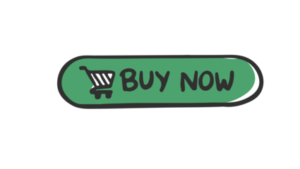 Playful hand-drawn 'BUY NOW' button in green with a shopping cart icon, designed for e-commerce websites and online applications to encourage quick customer transactions and purchases