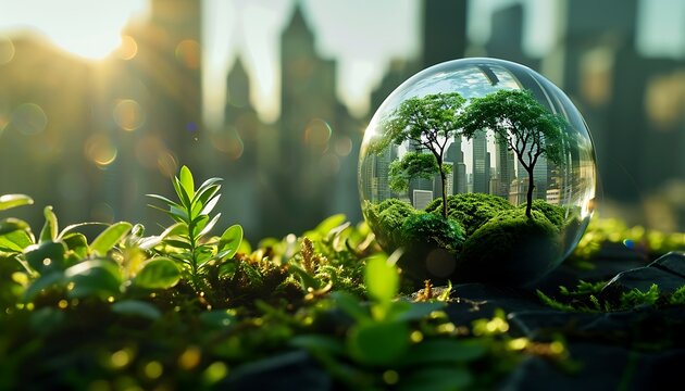 A crystal sphere containing a miniature ecosystem, nestled amongst greenery, with a cityscape in the background. - Powered by Adobe