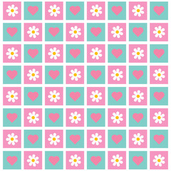 seamless checkered retro flowers and hearts in tosca, pink and blue seamless pattern on a light background For home decor, wallpaper, textile and fabric.