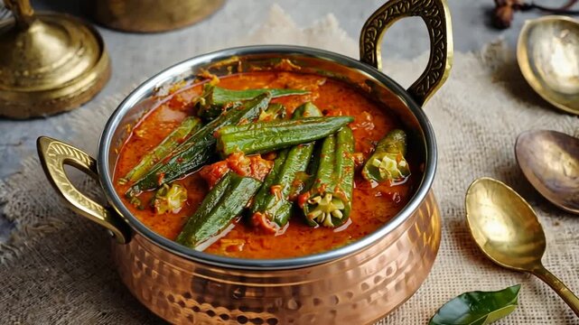 traditional bhindi masala indian recipe on a warm background video orbit left