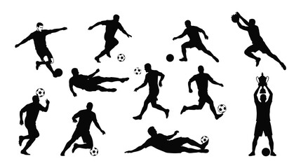 Collection of soccer player silhouettes in various poses, isolated on white background, demonstrating skill and athleticism in football