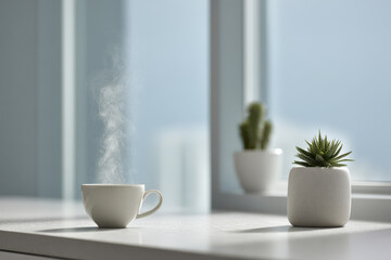 capture photorealistic representation of steaming coffee cup positioned elegantly against ultraclean modern