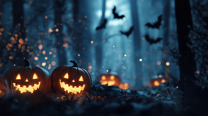 Glowing Pumpkins in a Spooky Forest: An eerie Halloween night scene, featuring carved pumpkins with glowing faces nestled in a dark forest, surrounded by bats and an otherworldly atmosphere. 