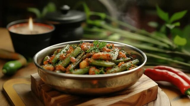 bhindi masala indian recipe close up video orbit