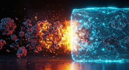 Abstract representation of a virus or contagion being neutralized by a futuristic technological barrier emitting blue light