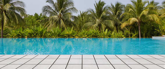 Obraz premium Palm Trees and an Infinity Pool: Tropical Resorts, Luxury Travel, and a Relaxing Lifestyle