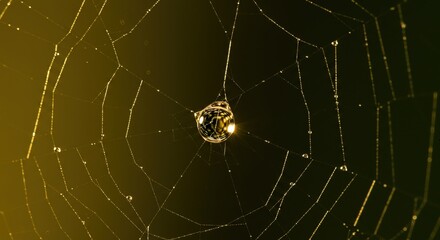Obraz premium Macro shot of a shimmering spiderweb, intricately spun and covered in tiny water droplets that reflect a warm, ethereal light, creating a natural wonder