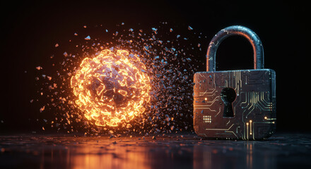 Cyber Security Concept A sturdy digital padlock with circuit patterns stands firm against a powerful, exploding data threat