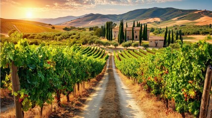 Naklejka premium Rolling Hills of Tuscany with Vineyards and Cypress Trees — Warm Sunset Glow over Idyllic Countryside and Farmhouse on the Horizon 