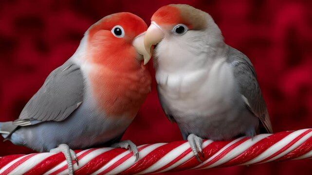 Close-Up of Two Lovebirds Sharing Intimacy on a Striped Object Against a Textured Background