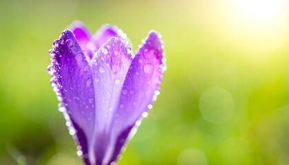 A close-up of a vibrant purple crocus flower, covered in dew drops, bathed in soft sunlight, showcasing a delicate and beautiful spring scene.